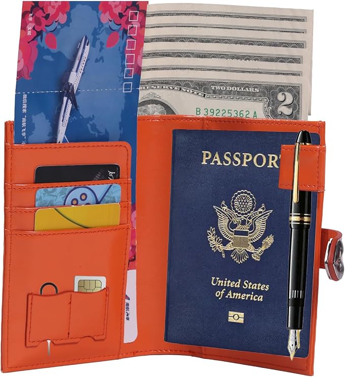 YOXIER Passport-Holder-for-Travel-Women-Men Orange，lLarge capacity Passports Holders TravelCover Wallet Passport with Pen Holder