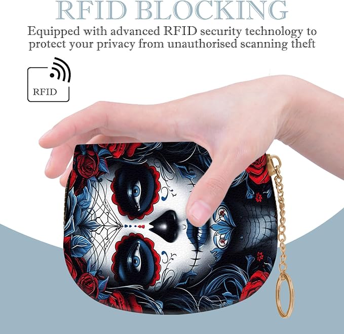 Women's Slim RFID Wallet – Compact Leather Card Holder Wallet for Women, 9 Card Slots RFID Blocking Credit Card Organizer, Small Travel Wallet - Sugar Skull Woman