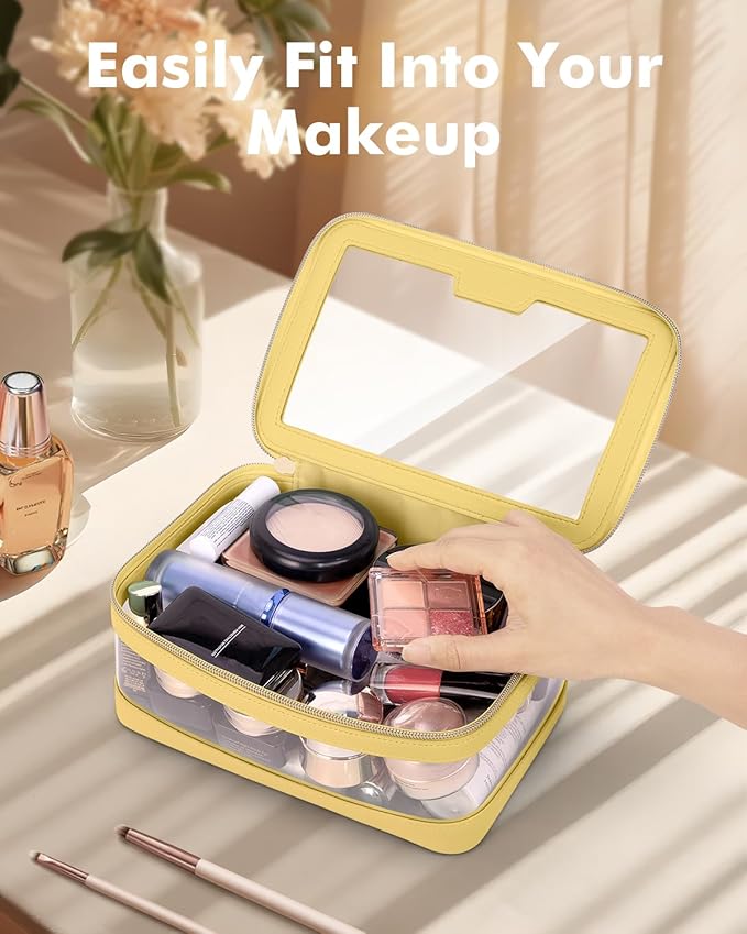 Soimeat Travel Clear Makeup Bag with Makeup Brush Bag, Leather Makeup Case Toiletry Bag, Portable Cosmetic Bag Case, Transparent Waterproof Cosmetic Organizer Storage Bag for Women, Yellow