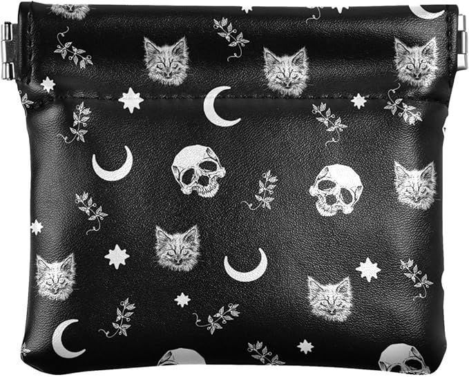 Gothic Moon Skull Cat Women's Waterproof PU Leather Coin Purse, Slim Travel Wallet with Zipper - Compact Card Holder & Jewelry Organizer for Cash, Keys, Lipstick