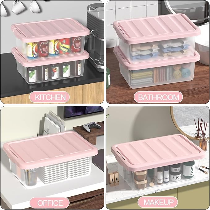 Set of 2 Clear Plastic Storage Organizer Bins with Pink Lids, 14 Quart, Versatile Organizer Container Boxes for Home, Office, and Garage