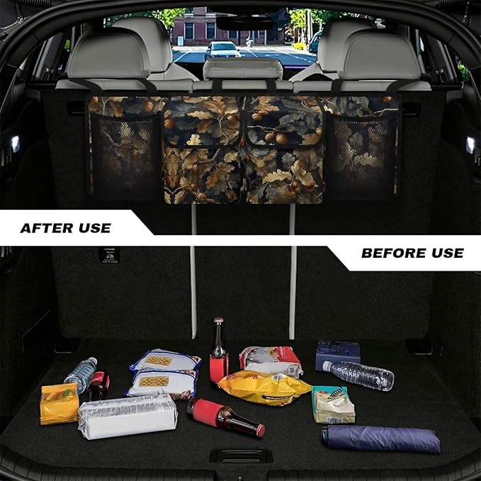 Branch Hanging Car Trunk Organizer Foldable Cargo Storage Bag with 4 Large Pockets 3 Adjustable Straps Waterproof Car Storage Organizer for Most Cars, Sedan, Truck, SUV
