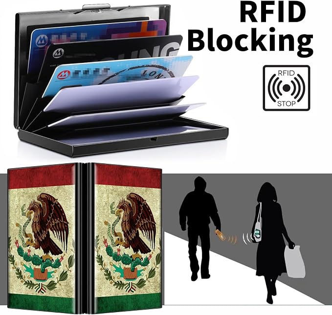 Metal Wallet, Credit Card Holder for Women Men Girls, RFID Blocking Aluminum Wallet Slim Hard Case, Mini Travel Wallet, ID Card Holder Business Card Case,Mexico Mexican Vintage Flag
