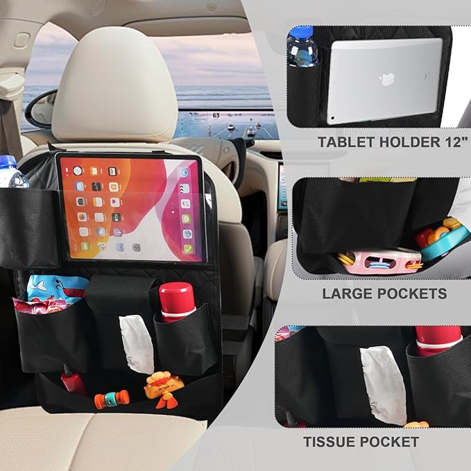 XDV Car Seat Organizers,Multi-functional Back Seat Protectors, Storage Pouches, Child kicking prevention and Tray Holders Kick Mats Back (for Cars, Kids,and Rear Seats) (Black, 2 Pack)