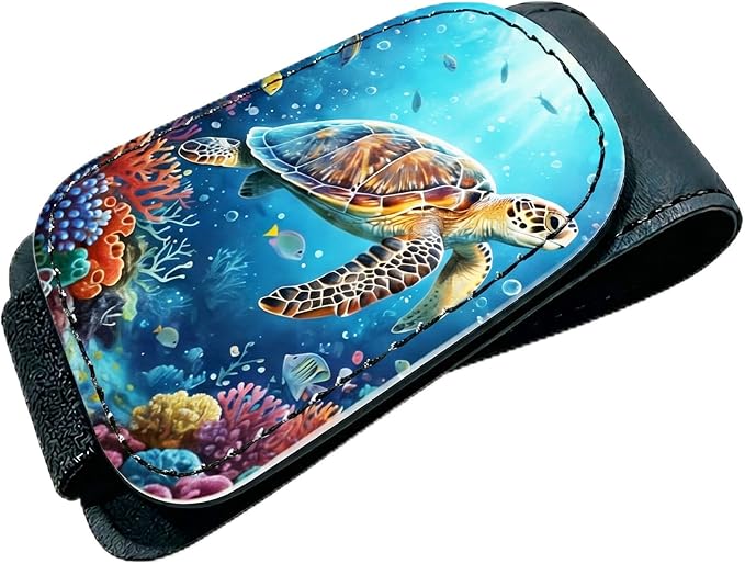 Undersea Sea Turtle Car Sunglasses Holder Magnetic Leather Glasses Clip for Sun Visor Sea Turtle Cars Accessories Eyeglass Hanger Organizer Universal Visor Clip for Women and Men Gifts Decor