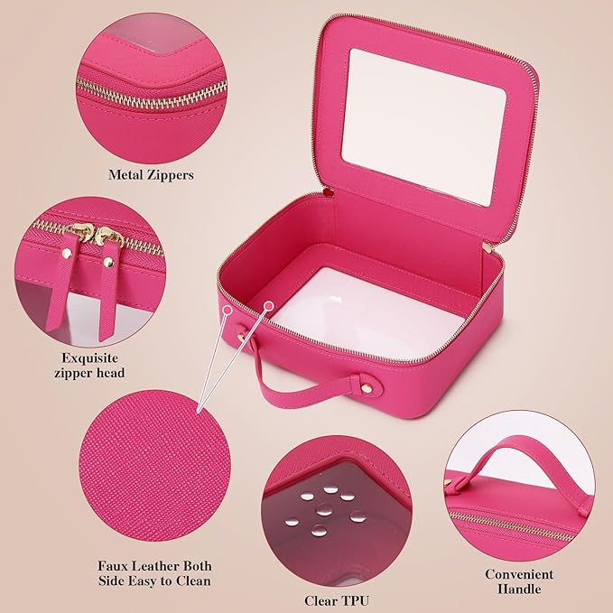 Pinkmik Travel Clear Makeup Bag with Brush Bag Portable Cosmetic Bag Case Transparent Toiletry Bag Cosmetic Organizer Storage Bag for Wome (X/Fuxia, L+SLIM)