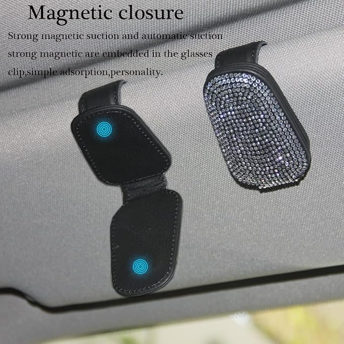 ACODABLEM Bling Car Glass Holder Sun Visor, Bling Crystal Rhinestone Sunglasses Magnetic Holder Mount Universal Eyeglasses Hanger Clip, Ticket Card Clip for Car, Car Sun Visor Accessories (Sliver)