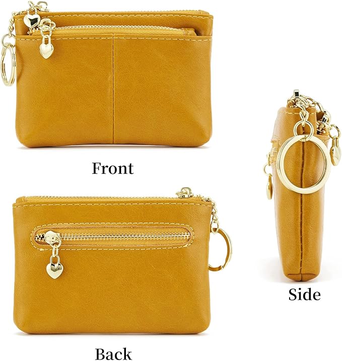 ZOOEASS Women PU Leather Zip Mini Coin Purse With Key Ring Triple Zipper Card Holder Wallet (Yellow)
