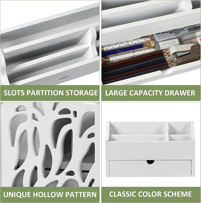 Desk Organizer with Drawer Wood File Office Mail Organizer Countertop-5 Slot Tabletop Storage Pen Organizer Letter Holder for School Home Office Supplies (White)