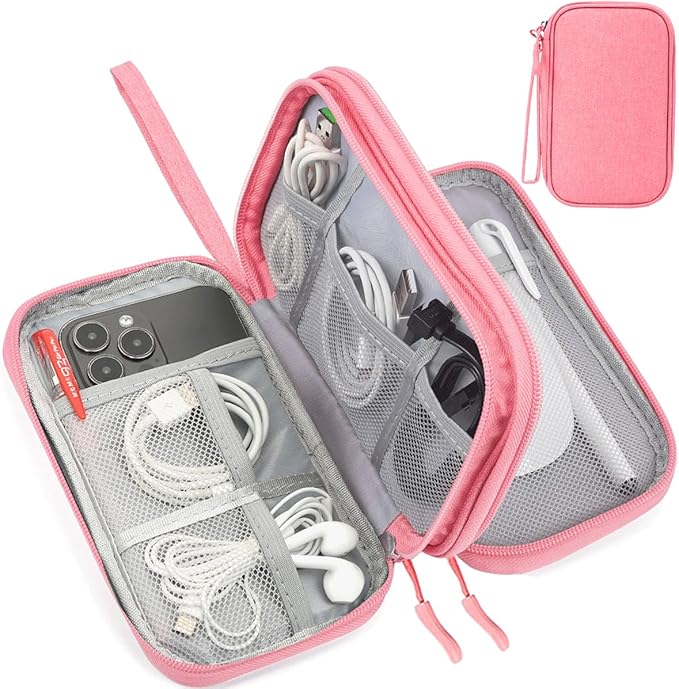 CAAORDKSO Electronic Accessories Case, Electronics Organizer Pouch Bag, Portable Travel Cable Organizer Case, Tech Storage Bag for Cable, Cord, Charger, Phone, Power Bank, Earphone (Dark Pink, Large)