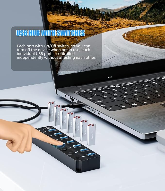USB 3.0 Hub, 7-Port with Individual On/Off Switches & LED Indicators, 5Gbps High-Speed Data Hub for Laptop, PC, MacBook, Surface Pro, PS5, HDD, Flash Drive (4ft Cable)