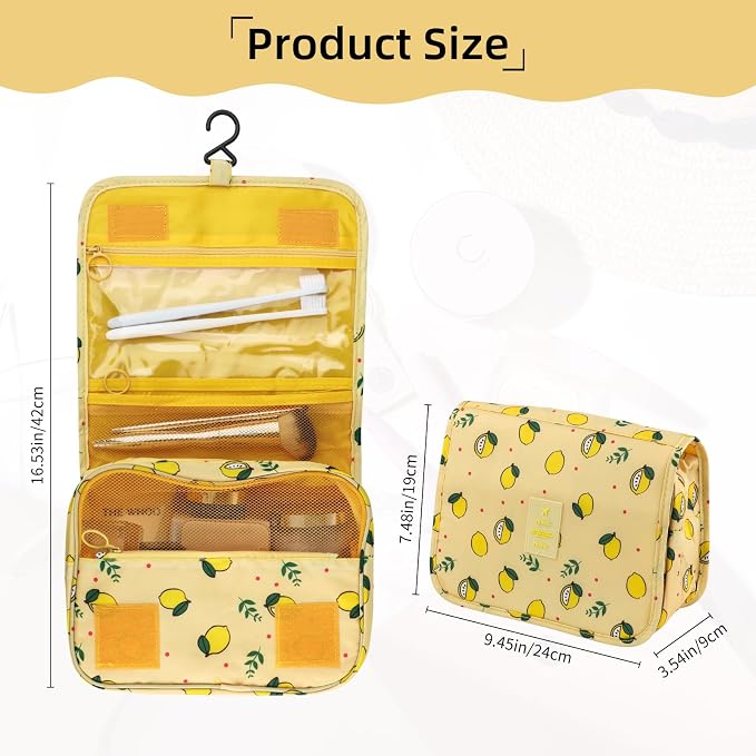 Foldable Hanging Travel Toiletry Bag,Waterproof Portable Travel Bags, Multifunction Travel Makeup Cosmetic Bag Organizer with Hanging Hook (Yellow Lemon)