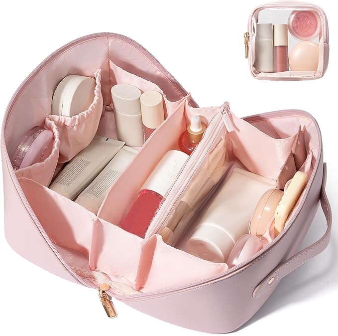 LOVEVOOK Travel Makeup Bag for Women, 2Pcs Large Capacity Cosmetic Organizer Bag, Waterproof PU Leather, Flat Open Portable Small Toiletry Pouch for Skincare, Brushes & Travel Essentials