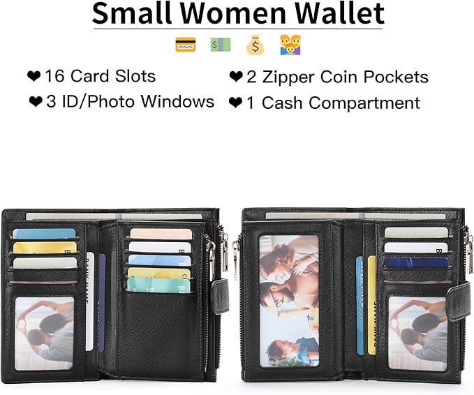 GOIACII Womens Wallets RFID Blocking Leather Trifold Clutch Wallet Credit Card Holder Ladies Purse 3 ID Windows Black
