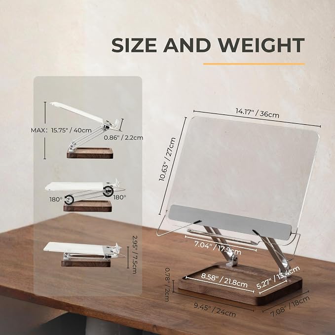 muso wood Acrylic Book Stand for Reading, Adjustable Book Holder with Walnut Storage and Elastic Clips, Desktop Riser Stand for Cookbook, Magazine, Tablet, Laptop