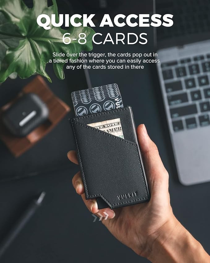 VULKIT Pop up Card Wallet RFID Blocking Slim Aluminum Metal Bank Card Holder Case with Business Money Pocket for Credit Cards Notes and Coins (Black)