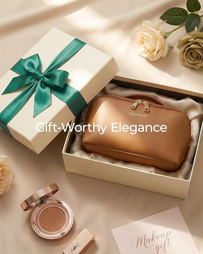 BAGSMART Makeup Bag Travel Cosmetic Bag, Large Make Up Bag Flat Open Toiletry Bag for Women, Waterproof PU Leather Travel Essentials Organizer Case, Wide-open Pouch Purse for Skincare, Brushes, Pink
