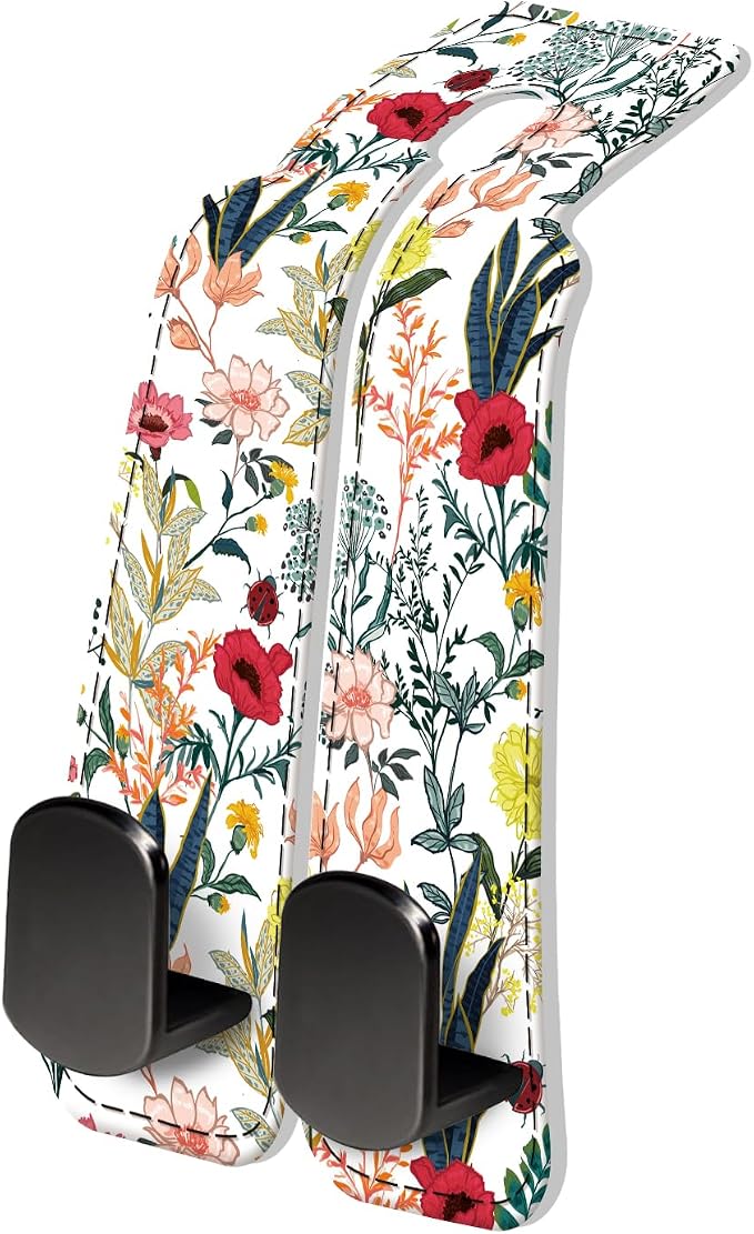 PU Leather Car Seat Hook, Storage Headrest Hanger, Cute Car Backseat Organizer, Car Hooks For Purses and Bags Colorful Wildflowers White