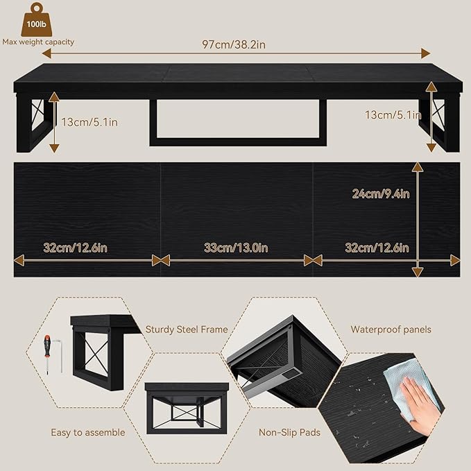 IBUYKE Large Dual Monitor Stand Riser for 2 Monitors, Wooden Desktop Computer Monitor Stand Storage Shelf and Steel Legs,Dual Screen Office Desk,Monitor Riser for Computer, Printer,Laptop,TV,Black UTDJ002B