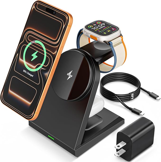 3 in 1 Wireless Charger iPhone Charging Station, 25W Magnetic Charger for iPhone 17 16e 15 14 13 12 Pro Max, Wireless Charging Station Fast Desk Mag Safe Stand for iWatch 11 10 9 8 7 6 5 AirPods Pro 3
