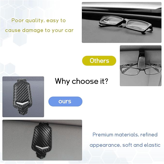 Dickno Sunglasses Holder for Car Sun Visor, Magnetic Leather Glasses Hanger Mounted with Ticket Card Clip, Universal Vehicle Interior Accessories for Different Size Eyeglasses (Carbon Fiber)