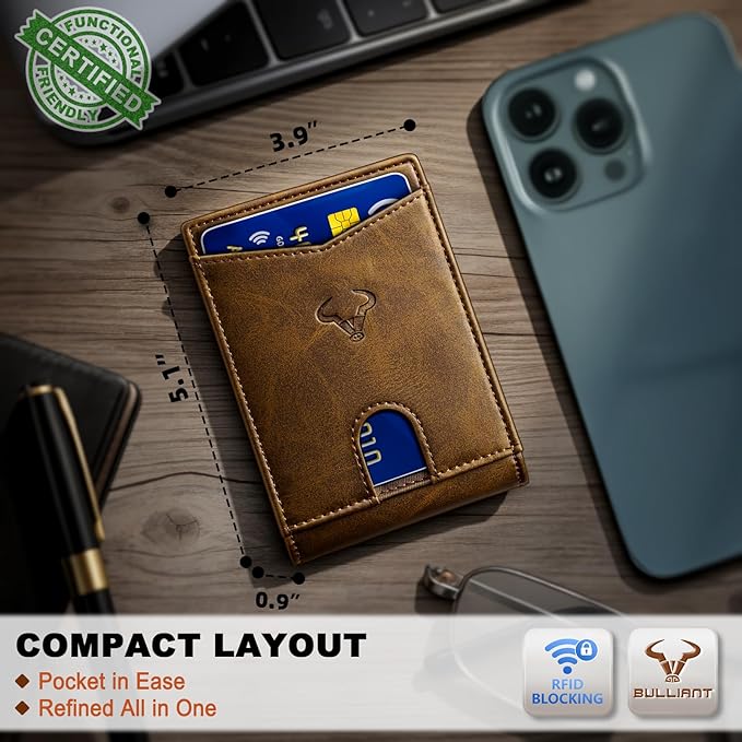 BULLIANT Men Wallet, Slim Leather Wallet Front Pocket Card Holder Gift For Men 11 Slots RFID Blocking