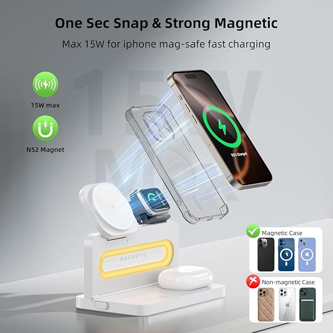 3 in 1 Wireless Charging Station for Apple MagSafe Charger,Magnetic Wireless Charger Stand for iPhone 16 15 14 13 12,Foldable Nightstand Charging Dock for Apple Devices iWatch,AirPods with Night Light