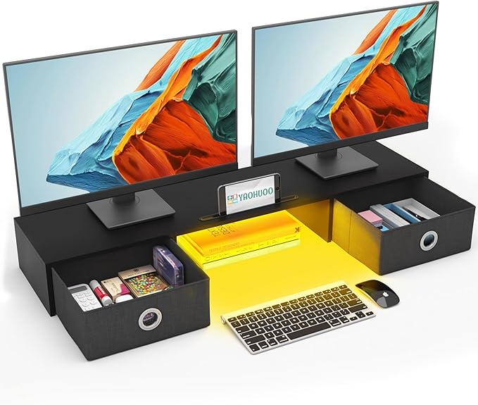 YAOHUOO Dual Monitor Stand with LED Light 2 Drawers, Computer Monitor Riser for 2 Monitors, Large Desktop Organzier with Storage for PC/Laptop/Computer/TV Screen/Printer