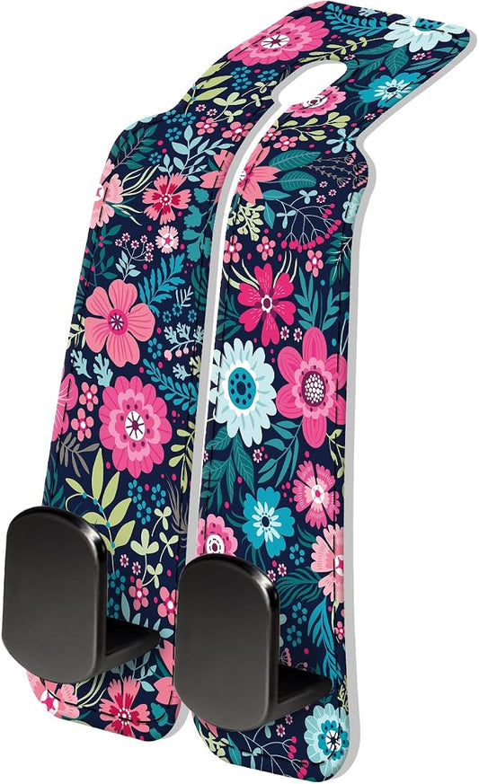 PU Leather Car Seat Hook, Storage Headrest Hanger, Cute Car Backseat Organizer, Car Hooks For Purses and Bags Pink Blue Flowers
