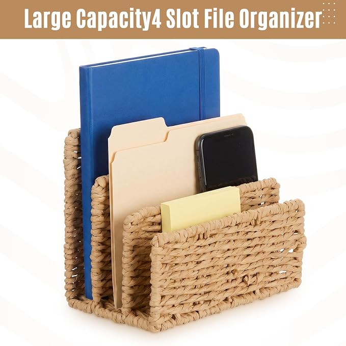 Paper Rattan Mail Organizer for Desk Mail Holder Countertop with 3 Slot Paper Rattan Letter Sorter File Holder Envelope Book Stand Farmhouse Office Desk Organizer and Storage Accessories