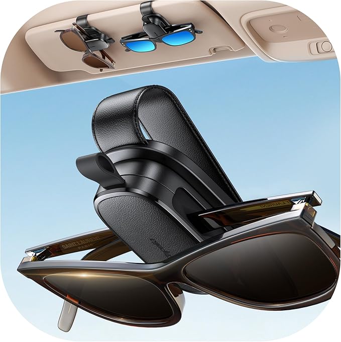 Sunglass Holder for Car, Chfeila Upgrade 360° Rotating & One-Hand Operation Magnetic Glasses Clip, Leather Sun Eyeglass Visor Organizer, Scratch-Free Eyewear Hanger for Car Accessories Gadgets - Black