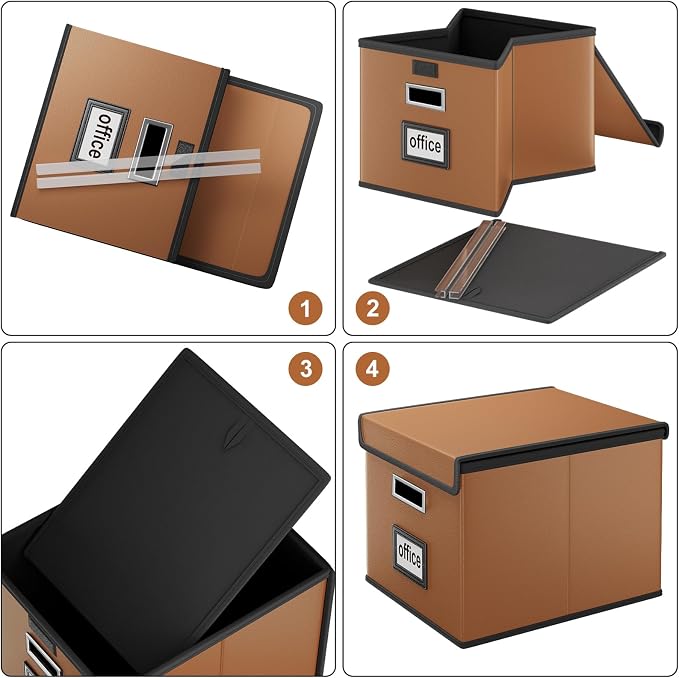 File Organizer Boxes with Lids, Collapsible Faux Leather Hanging File Folder Box Organizer with Plastic Slide, Decorative Home/Office Filing System Boxes for File and Folders Storage
