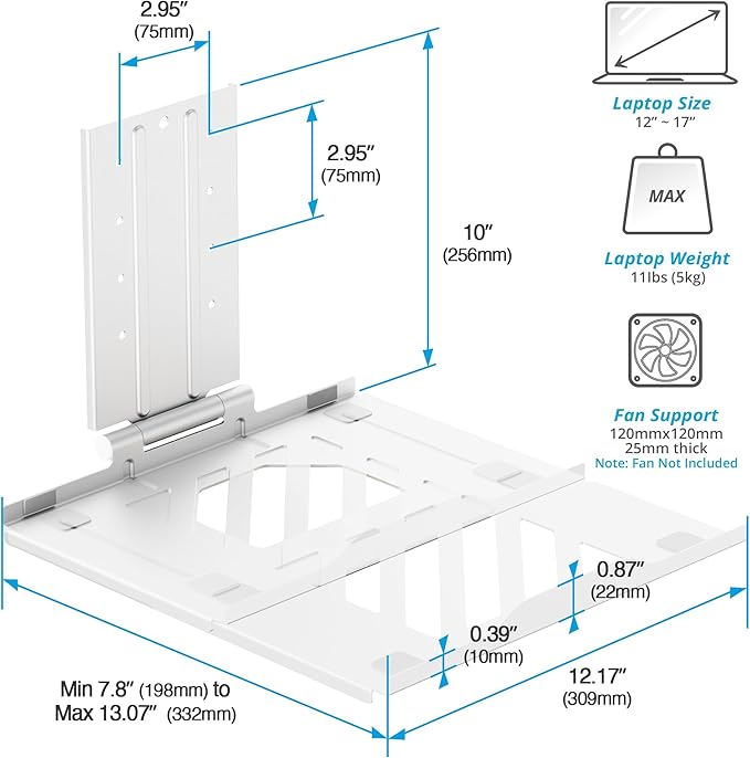 AVLT Adjustable Laptop Tray with Support for 120mm Fans Compatible with VESA 75x75 Monitor Arm - Suitable for Laptops Up to 17Inch - White (Fan Not Included)