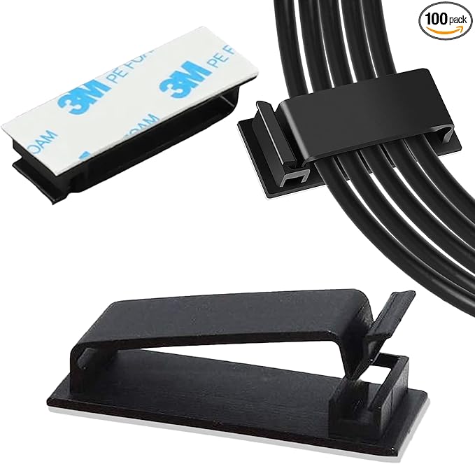 100 PCS Self Adhesive Cable Clips, Wire Organizer, Cable Management, Cord Organizer for Desk, Wall, PC, Car, Home, Office, USB, Ethernet, Power Cords, Black (Medium)
