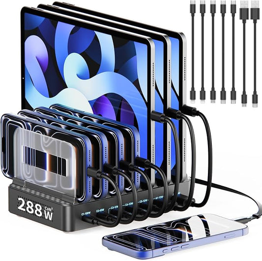 288W Charging Station for Multiple Devices, 8-Port Multi USB C Fast Charger Station Dock with Adjustable Dividers & 7 Cables,Multi-Purpose Desktop and Wall Fast Charger for iPhone, iPad,Tablets & More