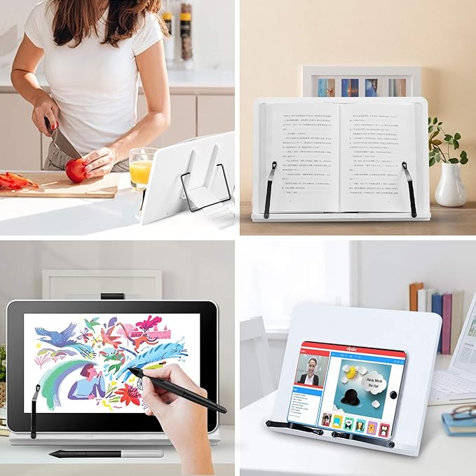 Small Desktop Bookshelf for Reading 11 inches 5 Angle Adjustable Lightweight Portable Foldable Sturdy White Display Stand for Tablets iPad and More