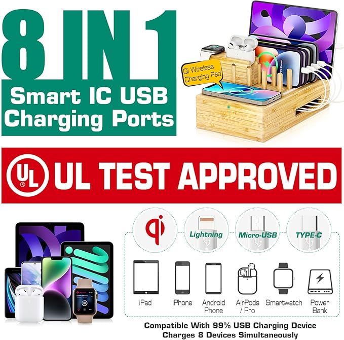 Bamboo Wireless Charging Station for Multiple Devices - Wood Docking Station Organizer, Qi Certified Fast Wireless Charger, 7 USB Charging Ports for Cellphone, Smart Watch, Earbuds, Tablet