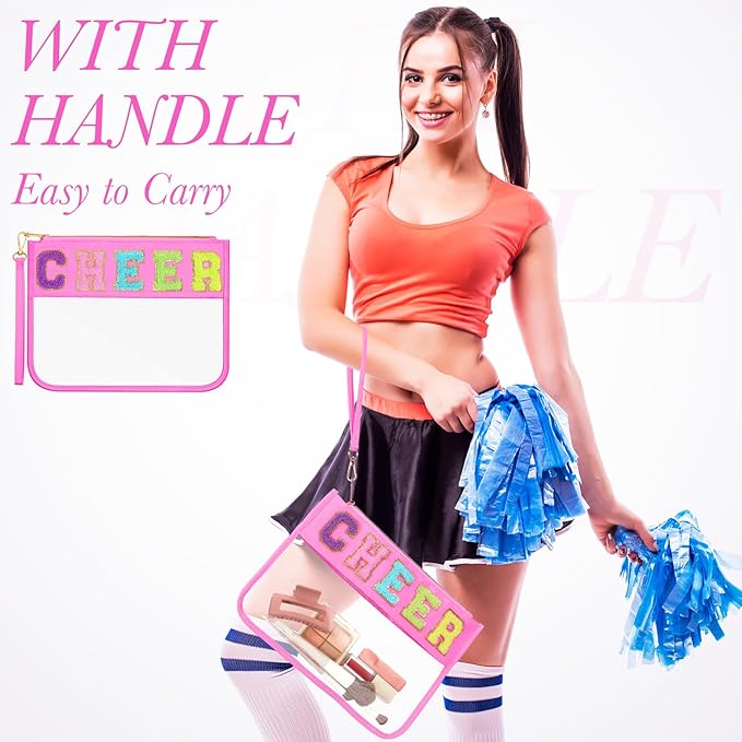 Abbylike 1 Pcs Cheer Bags Chenille Letter Zipper Pouch Waterproof PVC Large Bag for Travel Makeup Cosmetic Storage Organizer for Mom Team Cheerleaders Teacher(Pink)