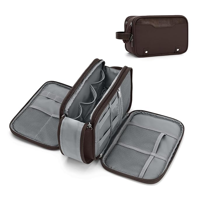 Wedama Toiletry Bag for Men, Medium Hanging Travel Toiletry Bag, Extra Electronic Organizer Bag Waterproof Shaving Bag for Toiletries with PU Handle for Travel Business Trips Swim Camping, Brown