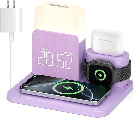 7 in 1 Charging Station for iPhone, Wireless Charging Station, Alarm Clock, Night Light, Wireless Charger for iPhone 17 16 15 14 13 12 Pro Max & Apple Watch - Charging Stand Dock for AirPods(Purple)