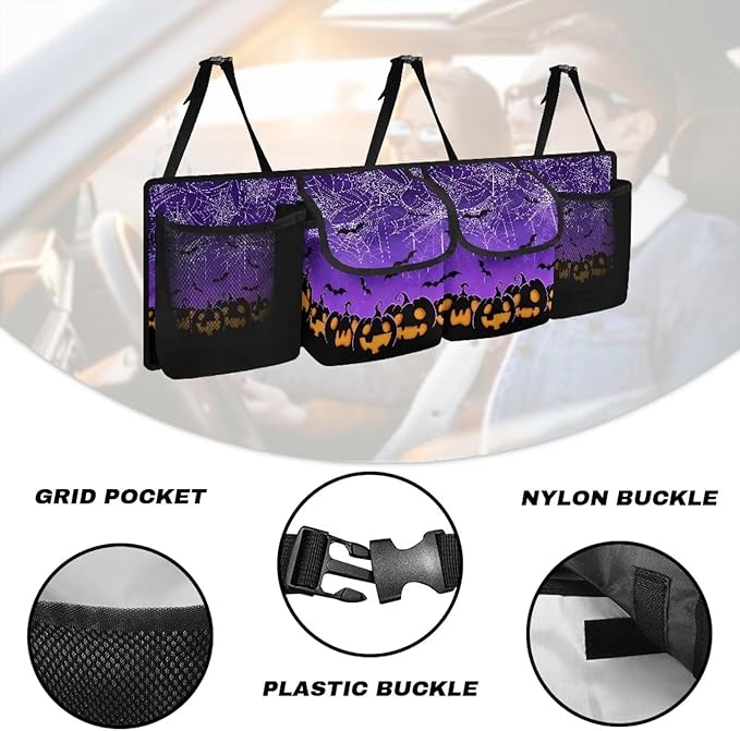 Hanging Organizer for Car Trunk Halloween Prints Collapsible Auto Back Seat Storage Bag with 2 Pockets 2 Mesh Pouches Detachable Automotive Interior Accessories