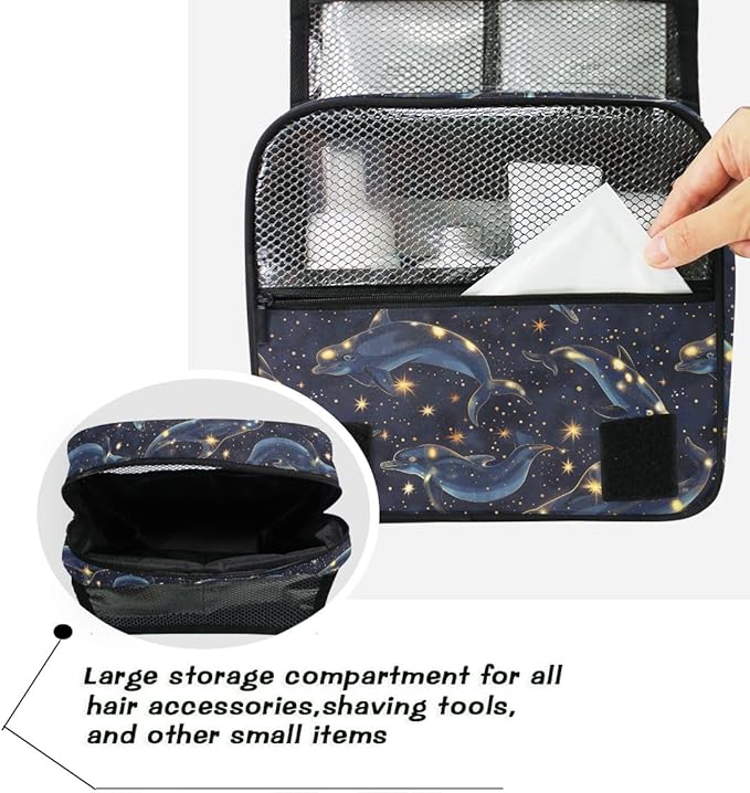 Hanging Travel Toiletry Bag Kit Boys Makeup Case Cosmetics Organizer for Men Women (Dolphin Starry Sky)