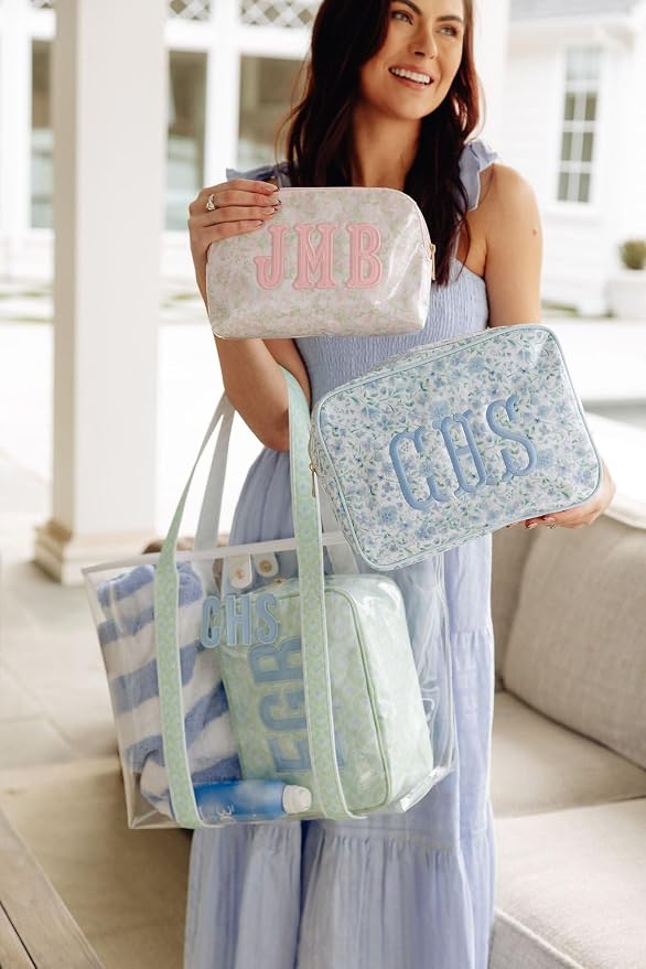 Personalized Clear Coated Pouch - Medium or Large Toiletry Bag with Embroidered or Applique Monogram, Custom Makeup or Travel Organizer, Easy-Clean Cosmetic Bag, Travel Gift for Women (Dahlia, M)