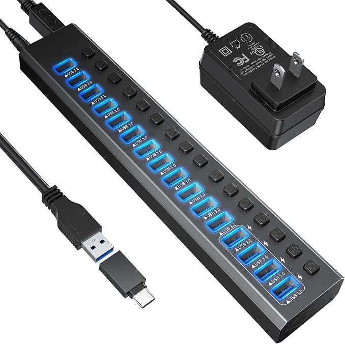 Powered USB Hub 3.0, Leinsis 16-Port USB 3.0 Hub [Durable Aluminum] 12 Data Transfer Ports+ 4 Smart Charging Ports with Individual On/Off Switches, USB Hub 3.0 Powered with Power Adapter for Laptop PC