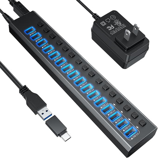 Powered USB Hub 3.0, Leinsis 16-Port USB 3.0 Hub [Durable Aluminum] 12 Data Transfer Ports+ 4 Smart Charging Ports with Individual On/Off Switches, USB Hub 3.0 Powered with Power Adapter for Laptop PC