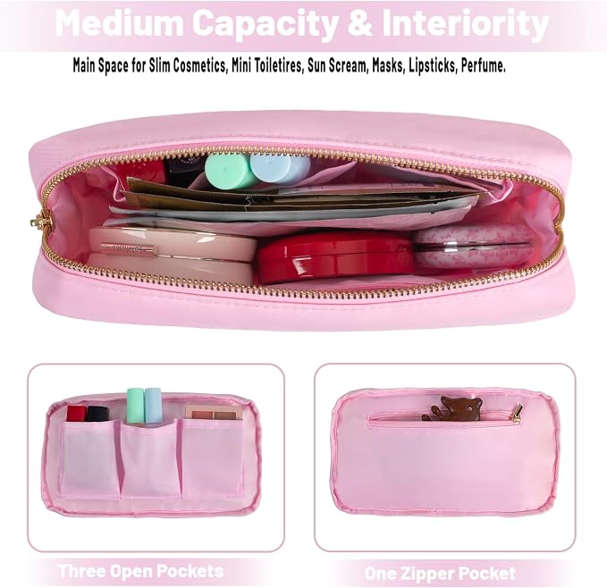 Purse Makeup Bag with Glitter Chenille Mini Brush Bag Travel Size Toiletry Bag for Women Small Cosmetic Pouch for Travelling Women (M,Pink-Face)