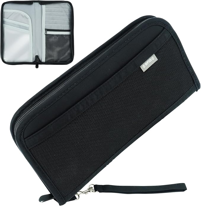 Fosmon Passport Bag, RFID Blocking Travel Document Organizer, Black | Polyester material, slim RFID-blocking wallet, compact 9.8x1x5.5 inches, for airplane travel, unisex.