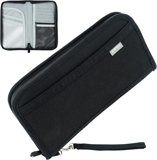 Fosmon Passport Bag, RFID Blocking Travel Document Organizer, Black | Polyester material, slim RFID-blocking wallet, compact 9.8x1x5.5 inches, for airplane travel, unisex.