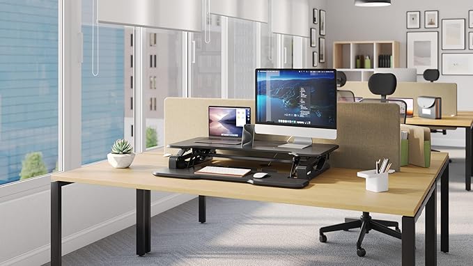 Mount-It! 38 Inch Standing Desk Converter - Gas Spring Sit Stand Desk Riser for Dual Monitors - Height Adjustable Desktop Workstation with Keyboard Tray - Black