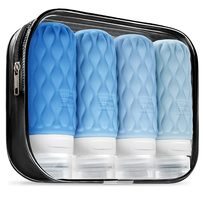 100 ml Silicone Travel Bottles for Toiletries with Labels/Clear Bag, Holiday Travel Essentials Leakproof Refillable Squeeze Travel Size Containers Set for Shampoo and Conditioner